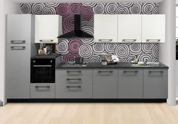Klantkeuken Grijs wit met printwand - Maatwerk Ar-Tre Grijze maatwerk keuken wit printwand Ar-Tre