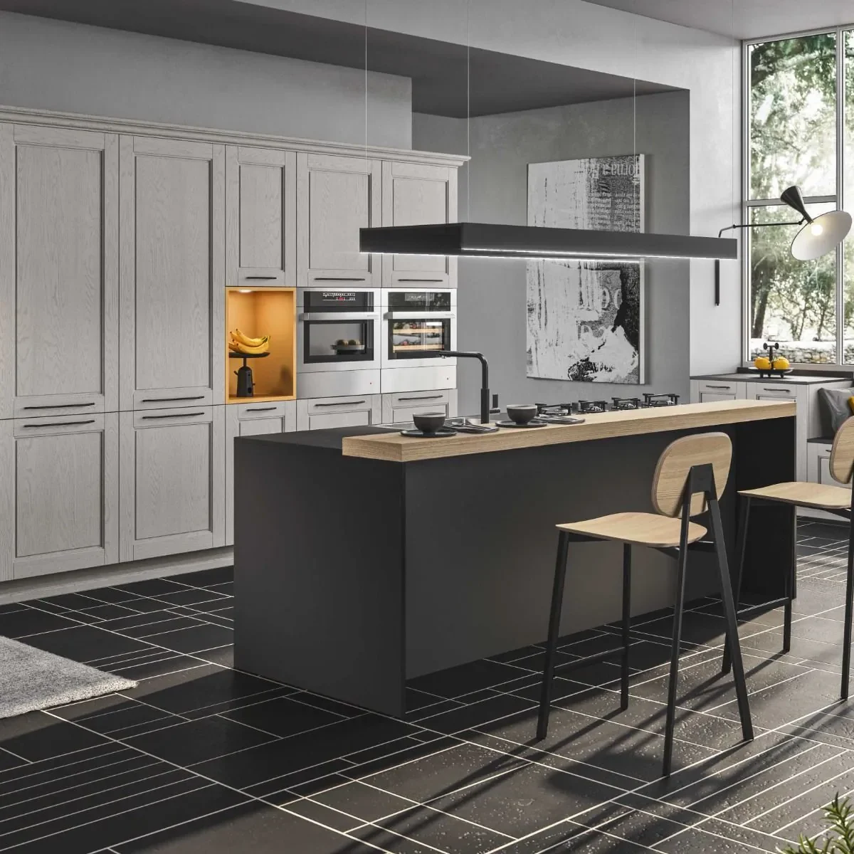 Italiaanse kookeiland keuken Antraciet met eiken - Ar-Tre - op maat Moderne Italiaanse keukens met kookeiland Ar-Tre luxe wit klassiek met houten werkblad en barkrukken showroom Mijn Droomkeuken