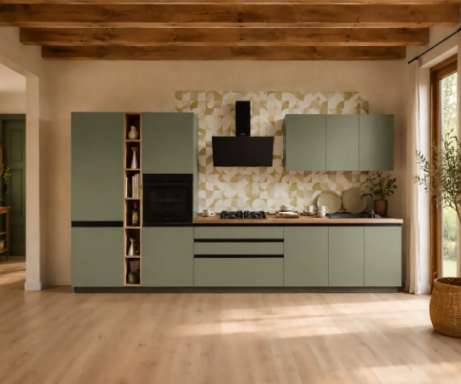 Ar-Tre cucine groen modern design Moderne matgroene keuken met greeploze kasten, zwarte afzuigkap, ingebouwde oven en lichte houten vloer.