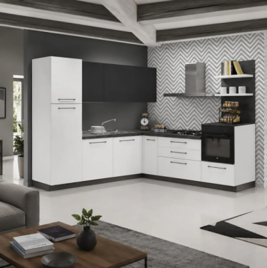 Ar-Tre cucine UP DESIGN Moderne hoekkeuken met witte onder- en hoge kasten, zwarte bovenkasten, een houtlook werkblad.