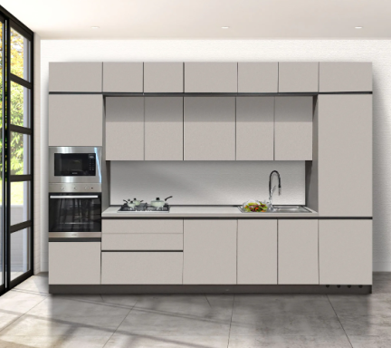 Ar-Tre cucine SKY Minimalistische lichtgrijze keuken met greeploze kasten, een donker werkblad, ingebouwde oven en een geïntegreerde spoelbak